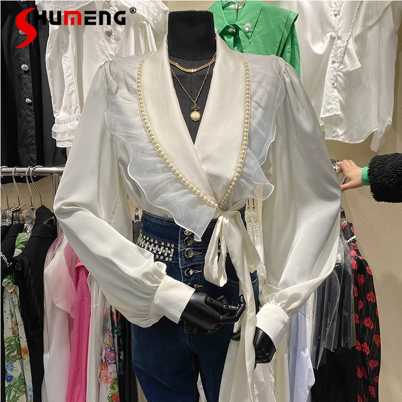 

Spring 2022 Beaded Stitching Ruffled Lace Up Top Ladies Elegant Long Sleeve Thin Apricot Peplum Shirt for Women Blusa Feminina