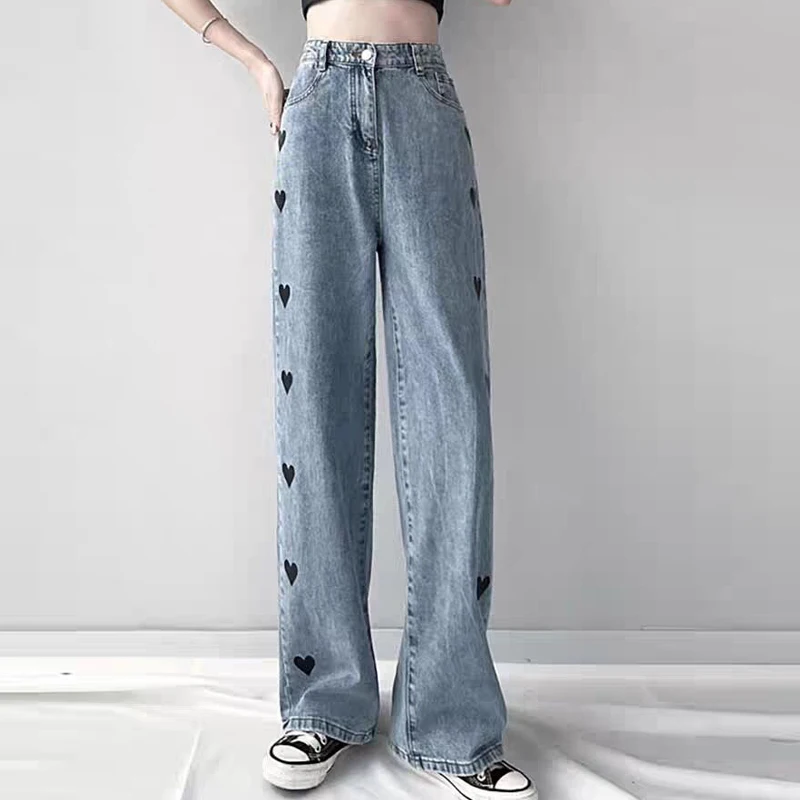 

New Y2k Clothes Women High Waisted Pantalones Casual Streetwear Heart Graffiti Style Wide Leg Pants Baggy Jeans Denim Long Pants