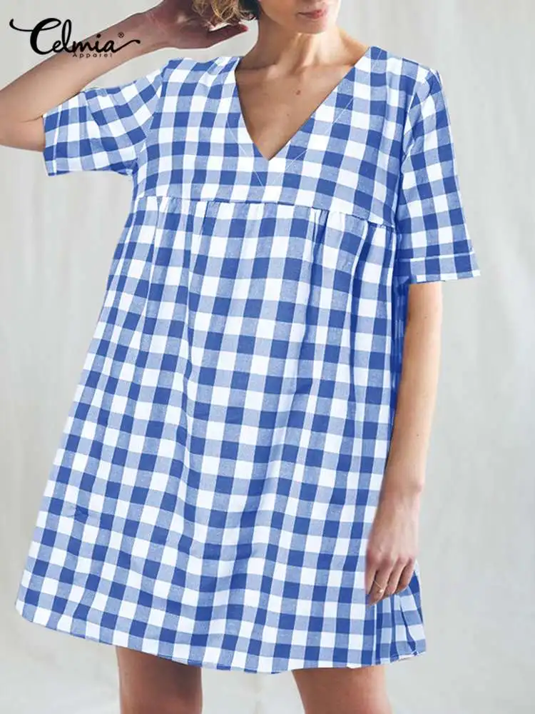 

Celmia Casual Loose Check Mini Dress V Neck Women Holiday Pleated Stitching Robe Plaid Short Sleeve 2022 Summer Short Sundress