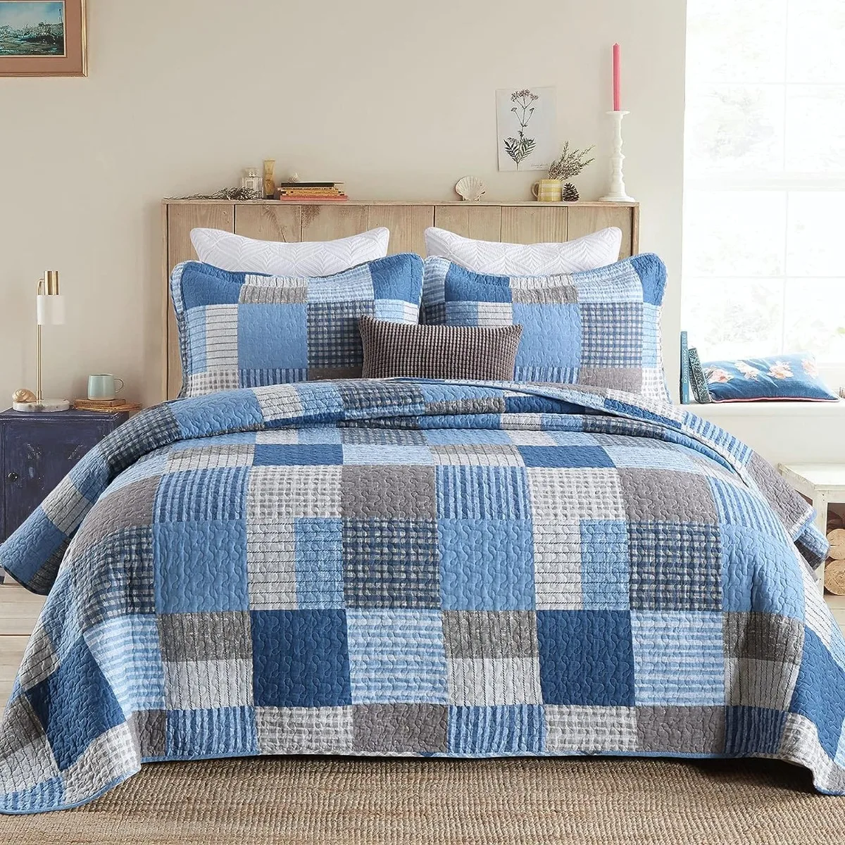 

Комплект стеганого одеяла из 100% хлопка, одеяло королевского размера, легкое двухстороннее одеяло для фермерского хозяйства, синее/темно-синее для всех сезонов, 3 шт.