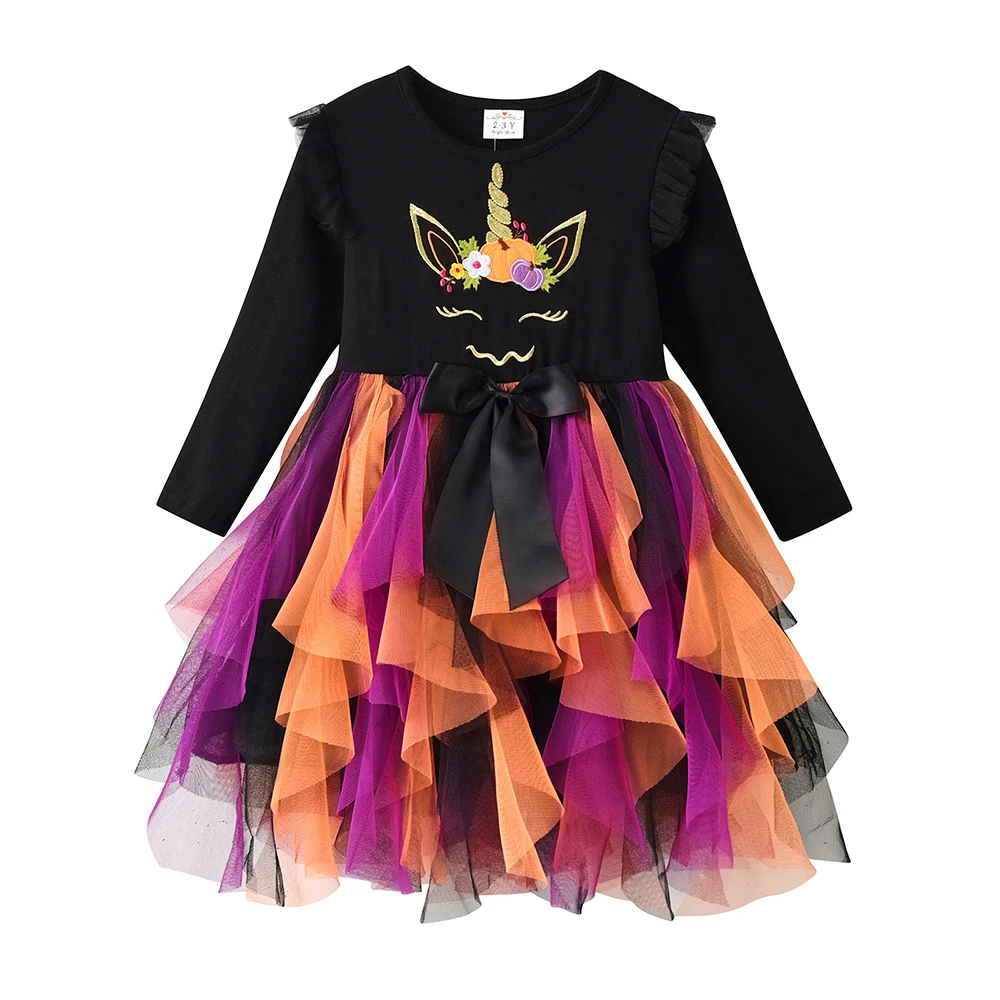 VIKITA  Dress for Kids Girl Halloween PumpkinLayered Mesh Tulle Princess Dress Children Cosplay Festival Clothes 3-12Years