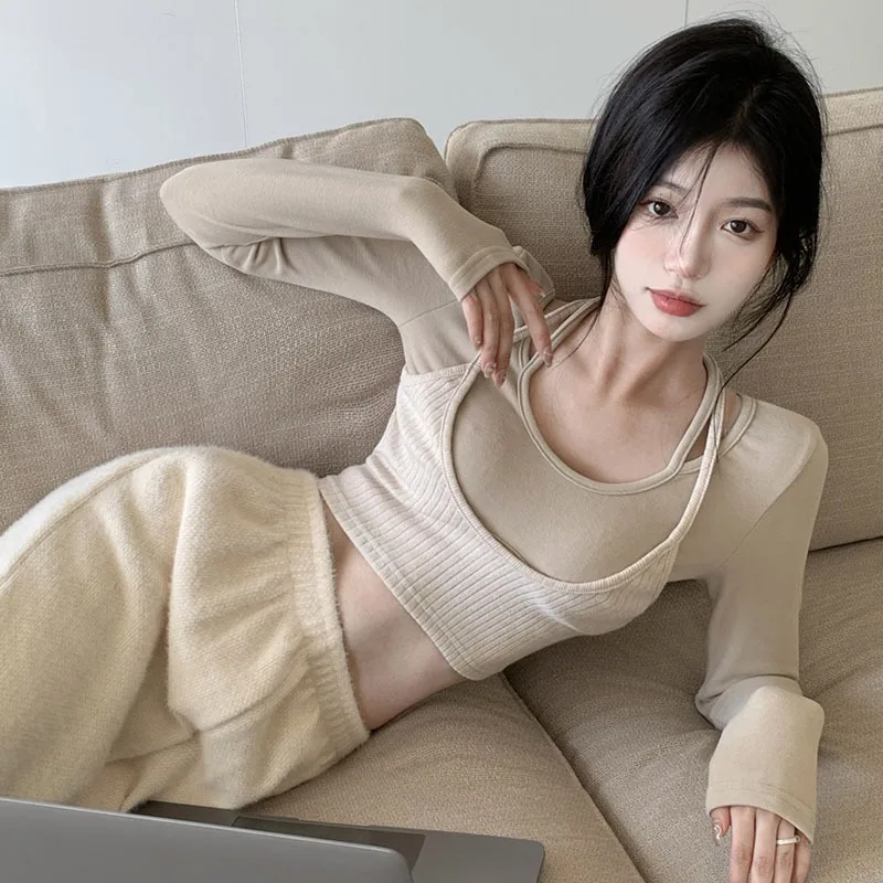 

Korean Long Sleeve Top Breathable Bottoming Shirt Cropped Hanging Neck