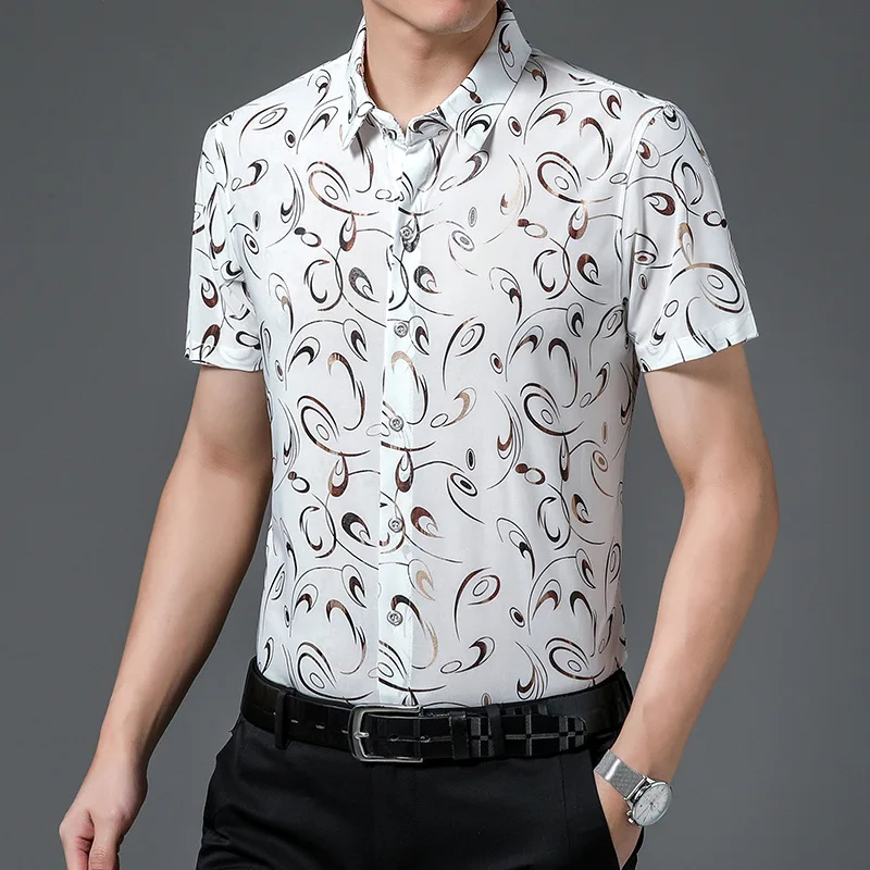 

Hawaiian Style Casual 80% Silk Shirts Men'S Short Sleeve Both Sides Chinese Nation Flower 2023 Beach Summer Clothes