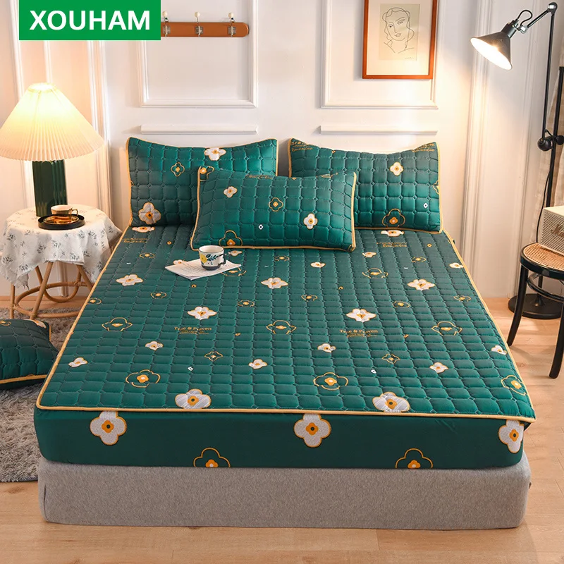 

XOUHAM 100% Polyester Quilted Fitted Sheet Printed Fitted Cover Non Fading Bedding 3 PCS (1 Fitted Sheet + 2 Pillowcase) Only