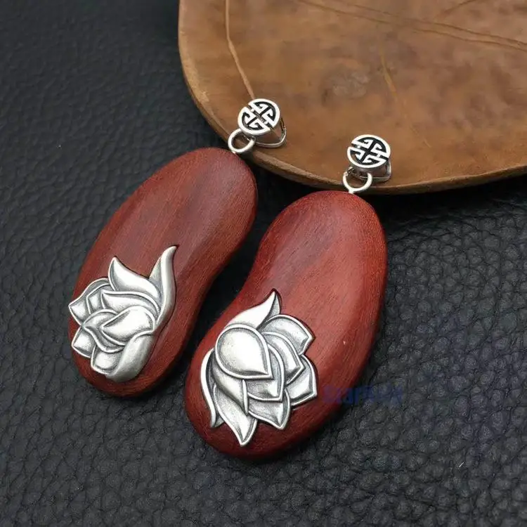 

S925 pure silver celebrity Mosaic ebony lotus pendant archaize matte process modelling necklaces beans