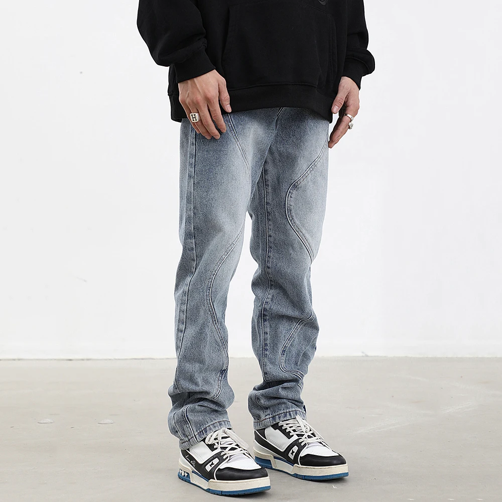 Men's Jeans Retro Solid Color Stitching Straight Jeans Y2k Men's Pants Fashion Men's Fashion Jeans Pants Boyfriend Jeans Casual