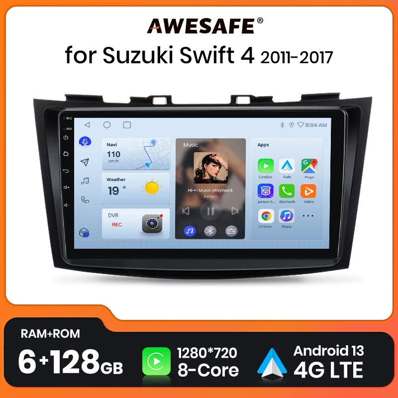 AWESAFE Беспроводная CarPlay Android 13 радио для Suzuki Swift 4 2011 2012 2013 - 2017 GPS Навигация стерео