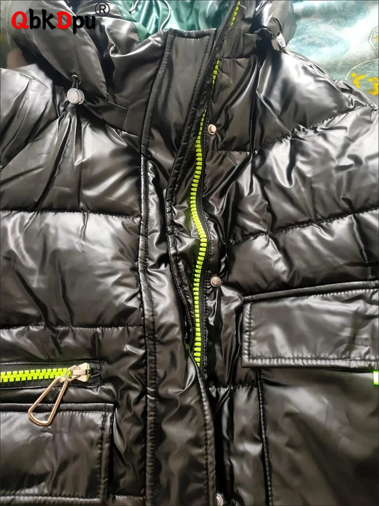 

Slim Thickened Pocket Zipper Down Coats Casual Drawstring Jaqueta Puffer Korean Parkas Streetwear Bright Hooded Cotton Jacket