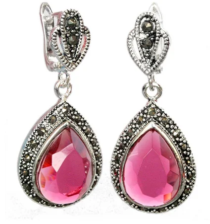 

Luxury real Genuine 925 Silver Faceted pink Crystal Marcasite Waterdrop Earring 1 1/2"