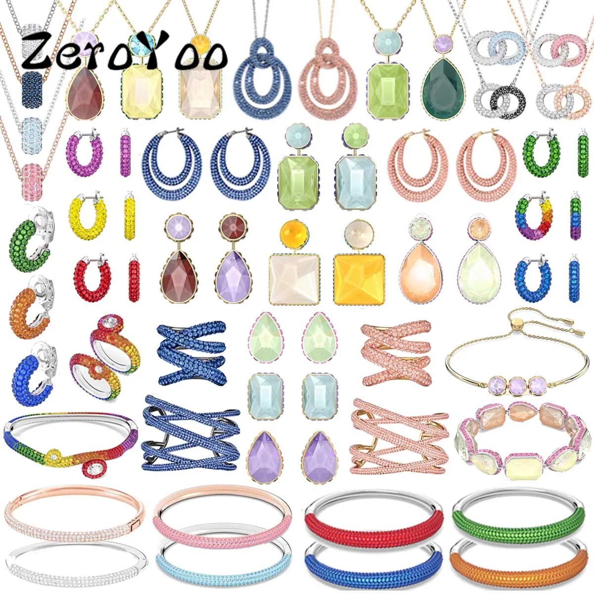 

2023 Original SWA Fine Jewelry Sets Glamour Fashion Color Collection Austrian Crystal Necklace Bracelets Ring Earrings For Women