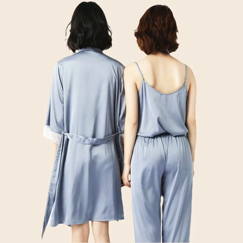 Women's Pajamas Set Full Sleeve Belt Robe Vest Shorts Pants Sexy Lace Print Pyjama V-Neck Homewear Cozy Fashion Sleepwear Set