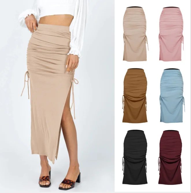 2022 European And American Split Knitted Slim Skirt Fashion Pleated Lace Up Women's Sexy Hip Long Skirt Girl Beige