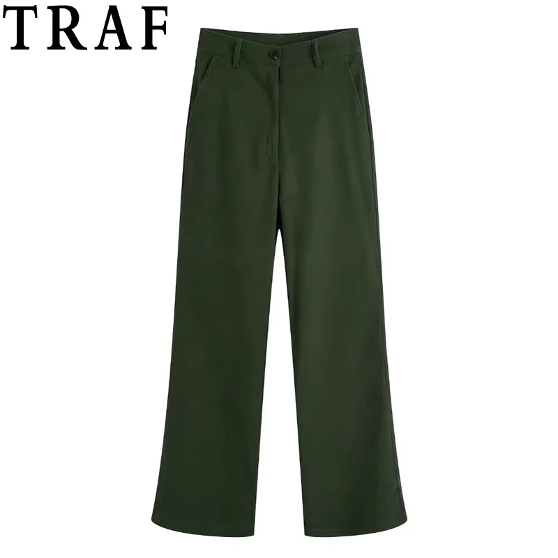 

TRAF Za Green Pants Female Trousers Suit Wide Leg Pants For Women High Waist Trousers Woman Office Casual Vintage Baggy Pant