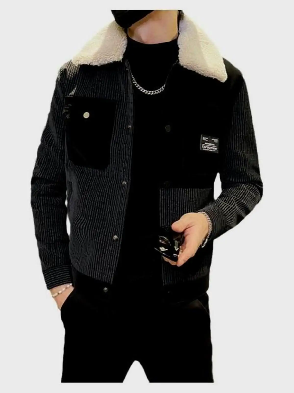 Winter Thickened Fleece-lined Leather jacket Men's Lapel Detachable Fur Collar Stripe Casual Patchwork Pu Shuai Motorcycle Cl...