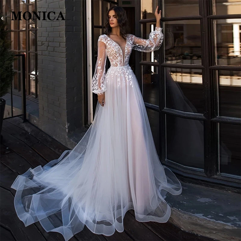 

Elegant Deep V-neck Wedding Dresses Beach Long Sleeves Lace Appliques Tulle Floor Length Pleat Bridal Gowns Vestido De Novia
