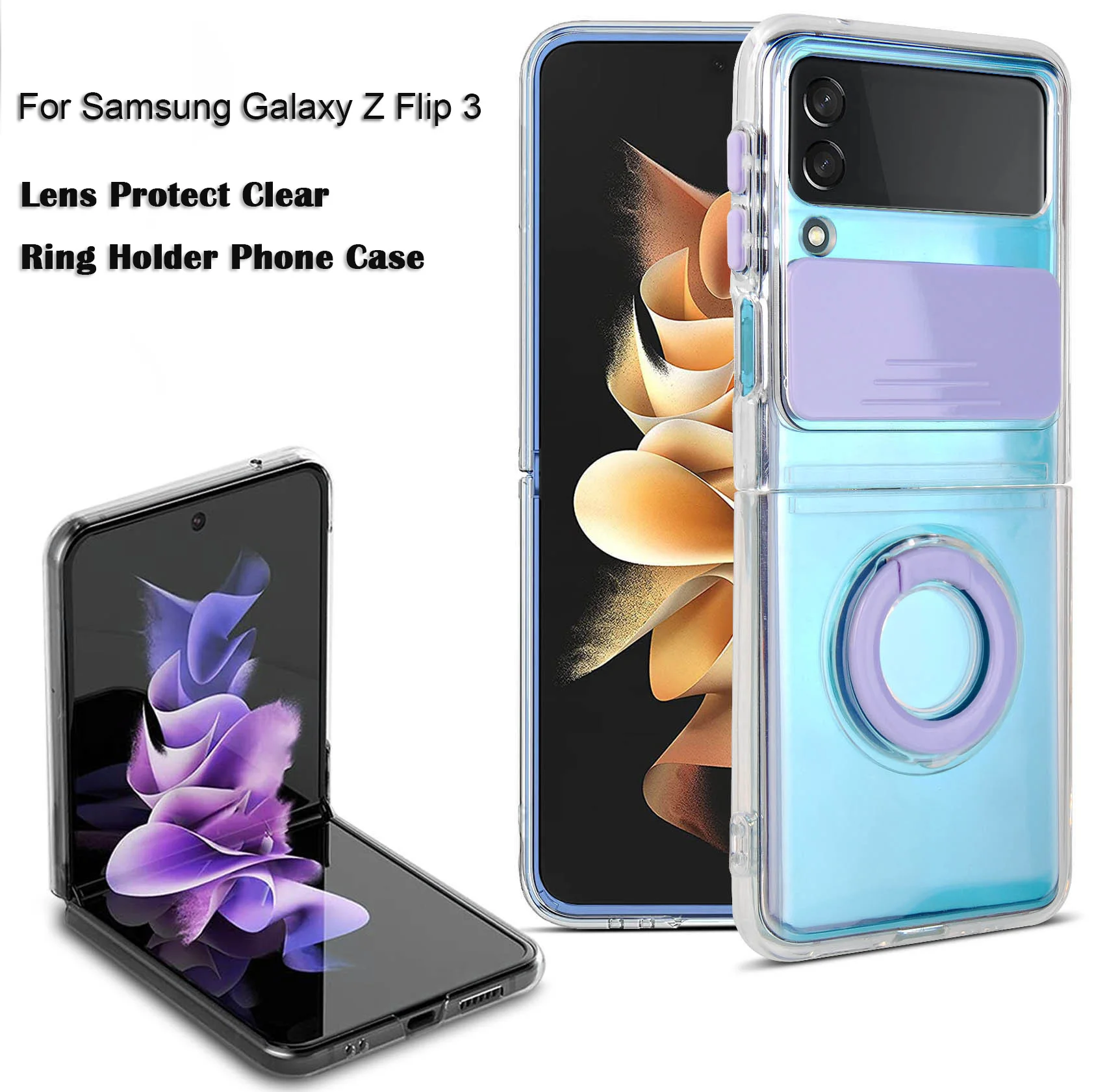 

For Samsung Z flip 3 Case Phone Lens Protect TPU PC Transparent Back Case For Samsung Z flip 3 Sliding Window Cover Ring Holder