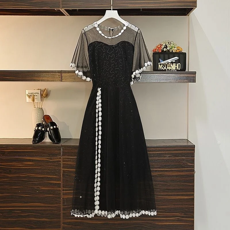 

Large Size Women's Clothing 2022 Summer Western Style Age Reduction Fairy Cover Belly Thin Mesh Chiffon Dress