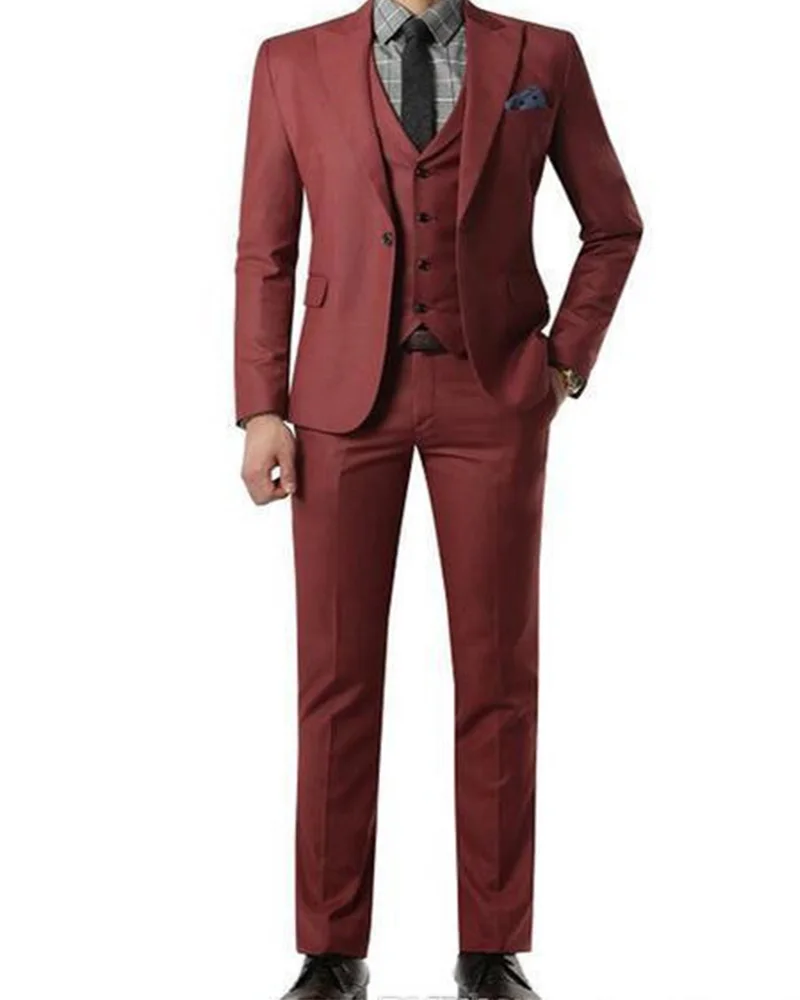 

2022 Latest Flat Collar Blazer Trousers Men's Burgundy Suits Custom Made One Button Fashion Casual Suits 3Pcs Jacket Pants Vest