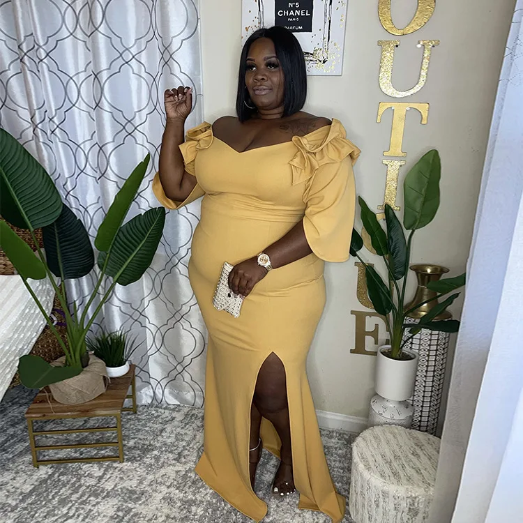 Plus Size Dresses Women's Autumn 2023 New Solid Color Half Sleeve Long Skirt Open Leg Large Dress Fashion Casual Female Clothing