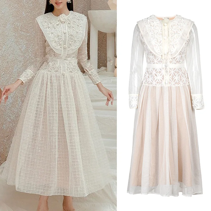 Lace Embroidery Women White Dress Sprinng Full Sleeves Casual Ball Gown Party Dresses