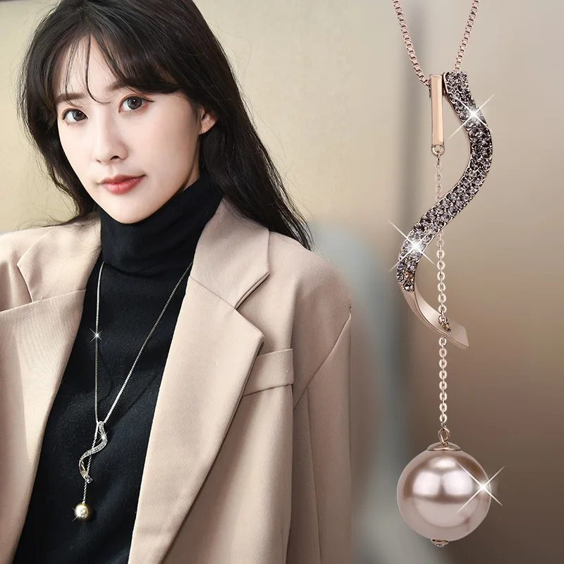 

New Fashion Long Pendant Necklace Female Geometric Pearl Sweater Chain High-end Luxury Inlaid Zircon Crystal Necklace Jewelry
