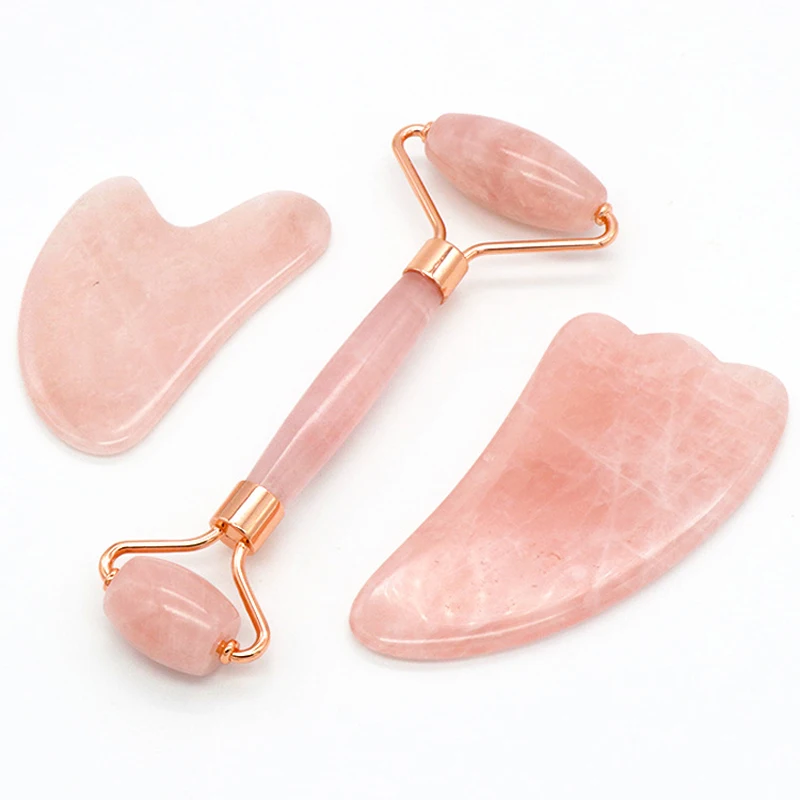 

3 in 1 Rose Quartz Jade Roller Massager + Guasha Scraper Set Natural Stone Crystal Slimmer Lift Wrinkle Tools for Neck Back Face