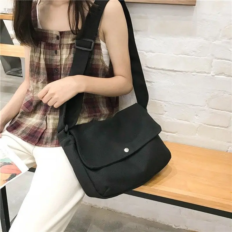 

Korean Women's Simple Canvas Bag Student Messenger Backpack Wide Shoulder Strap Female Handbag Fashion Tote for Woman