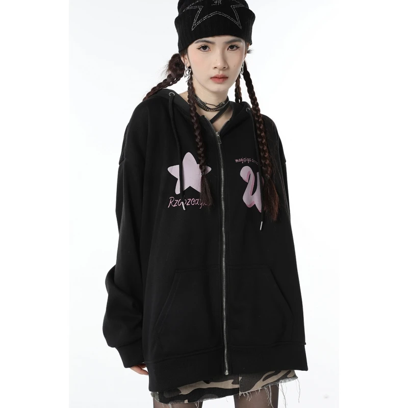 

Women's Clothing Black Outerwear Stars Letter Sweatshirt Vintage Fashion Street Style Winter Female Baggy Hooded Cardigan Coat