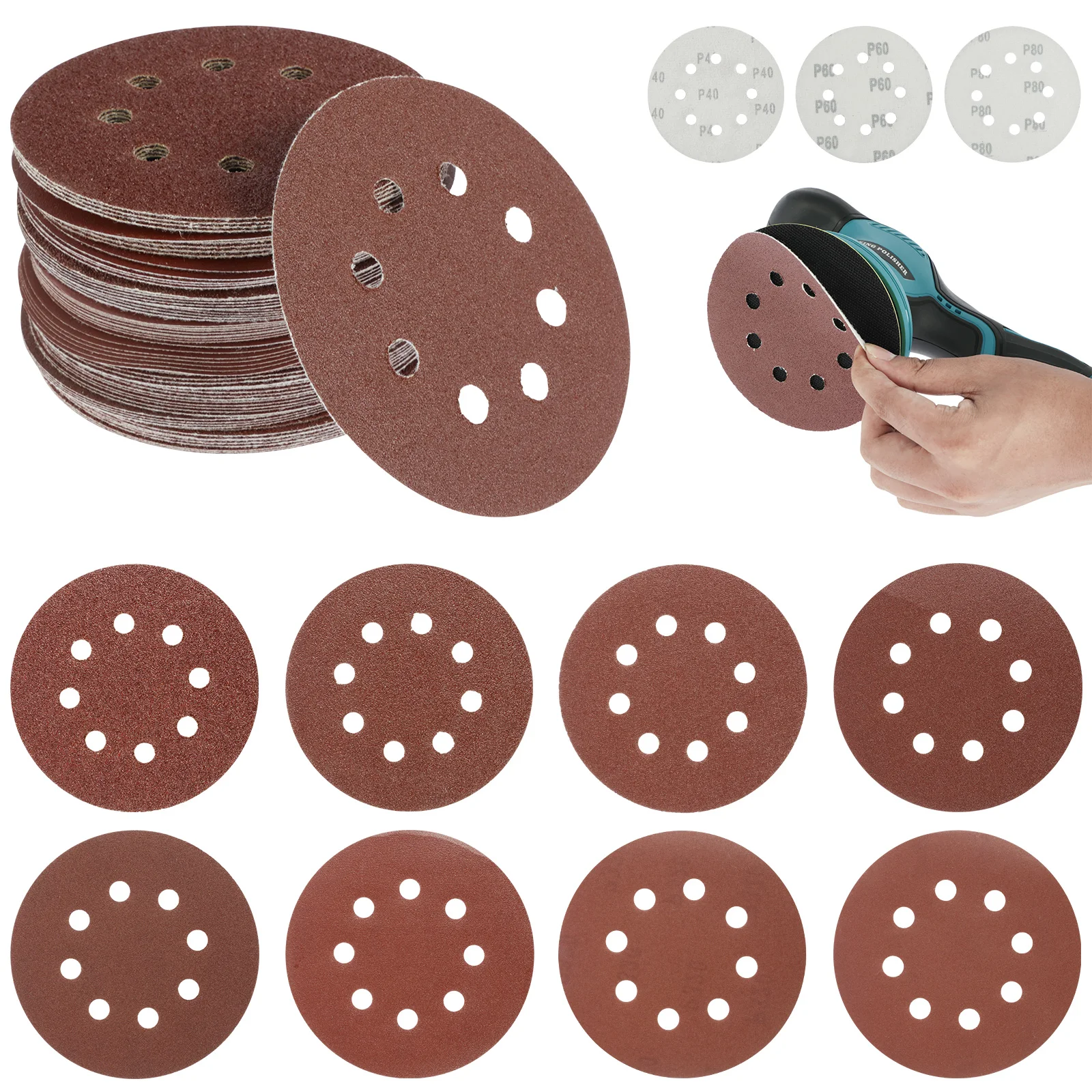 

80 шт. шлифовальные диски 125 мм/5 дюймов наждачная бумага из оксида алюминия с крючком и петлей прочные 8 отверстий круглые шлифовальные диски колодки