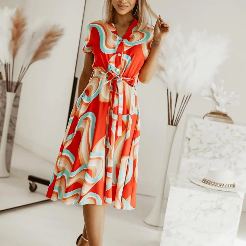 

Mini Dress Fashion Printed V-Neck Single-Breasted Large HemRemovable Belt Office Women Dress Female Clothes