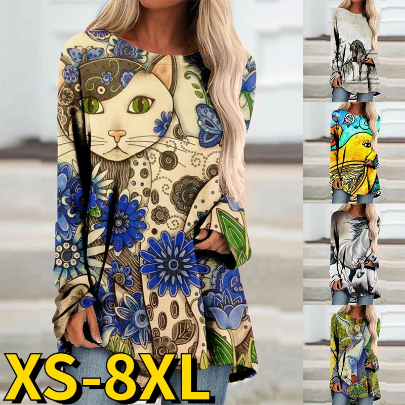 

Женская Повседневная футболка с длинным рукавом, Свободный Топ с круглым вырезом и абстрактным принтом, Ретро пуловер оверсайз, Осень-зима ...