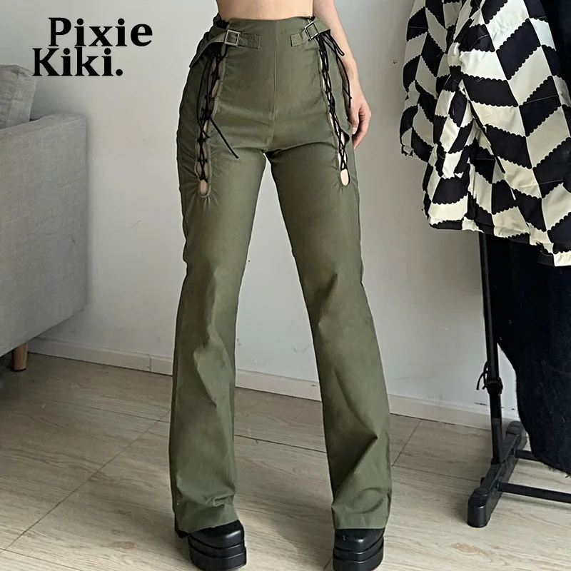 

PixieKiki Y2k Pants Women Hollow Out Strappy Lace Up High Waisted Trousers Green Vintage Streetwear P84-DC19