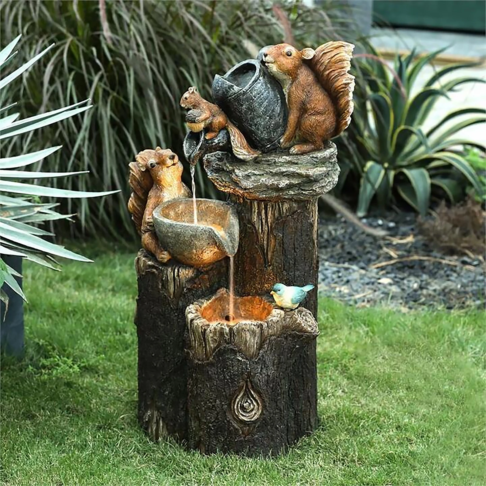 

Animal Squirrel Duck Garden Statue with Solar Lights Waterfall Fountain Resin Figurine Ornament Outdoor Home Decorations Gifts