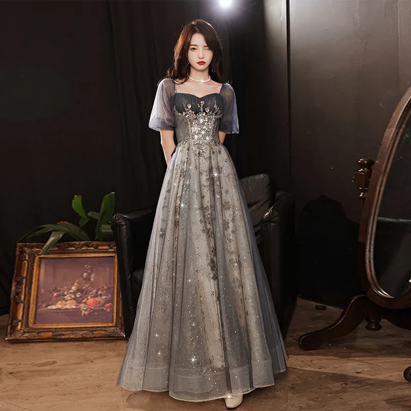 

DSP A Line Sweetheart Tulle Long Prom Dresses with Puffy Sleeves Elegant Formal Occasion Party Dresses for Women Evening Gown