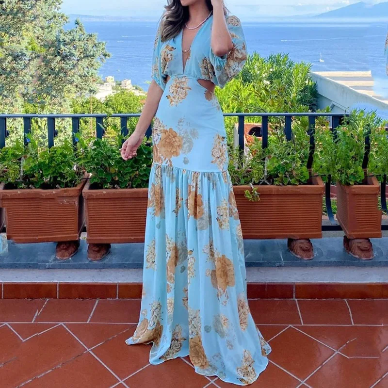 

Платье-макси с V-образным вырезом, коротким рукавом и принтом