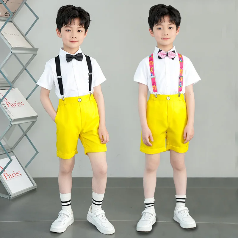 

School Uniform Sets Outfits New Fashion Summer Boys Shirt Strap Bowtie Shorts 4Pcs Clothes Costume Kids Paino Performance Suit