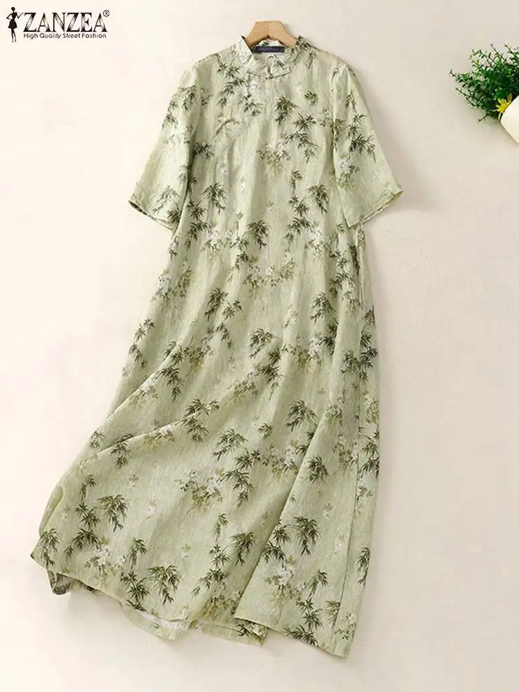 

Women Casual Half Sleeve Midi Dress ZANZEA Vintage Stand Collar Floral Print Slanted Placket Cheongsam Dress Summer Elegant Robe