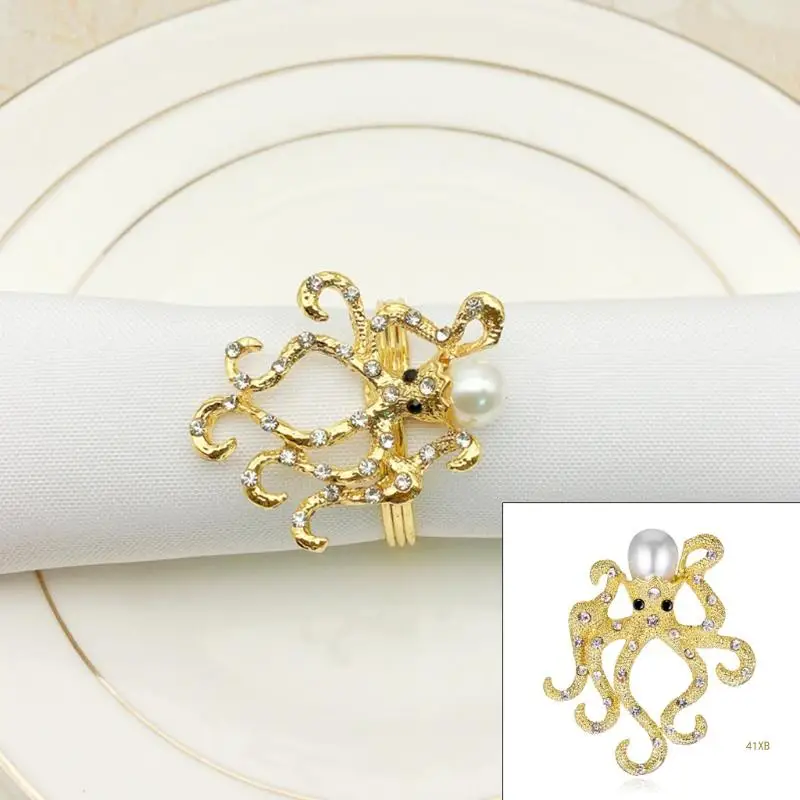 

41XB 6pcs Octopus Napkin Ring with Pearl Set Napkin Buckle for Wedding Banquet Home