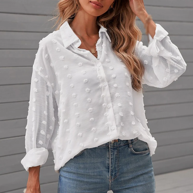 

KOERIM Button Up Jacquard Women Shirt Flower Lapel Vintage Lapel Long Sleeve Blouse Tops Casual Loose Female Tops