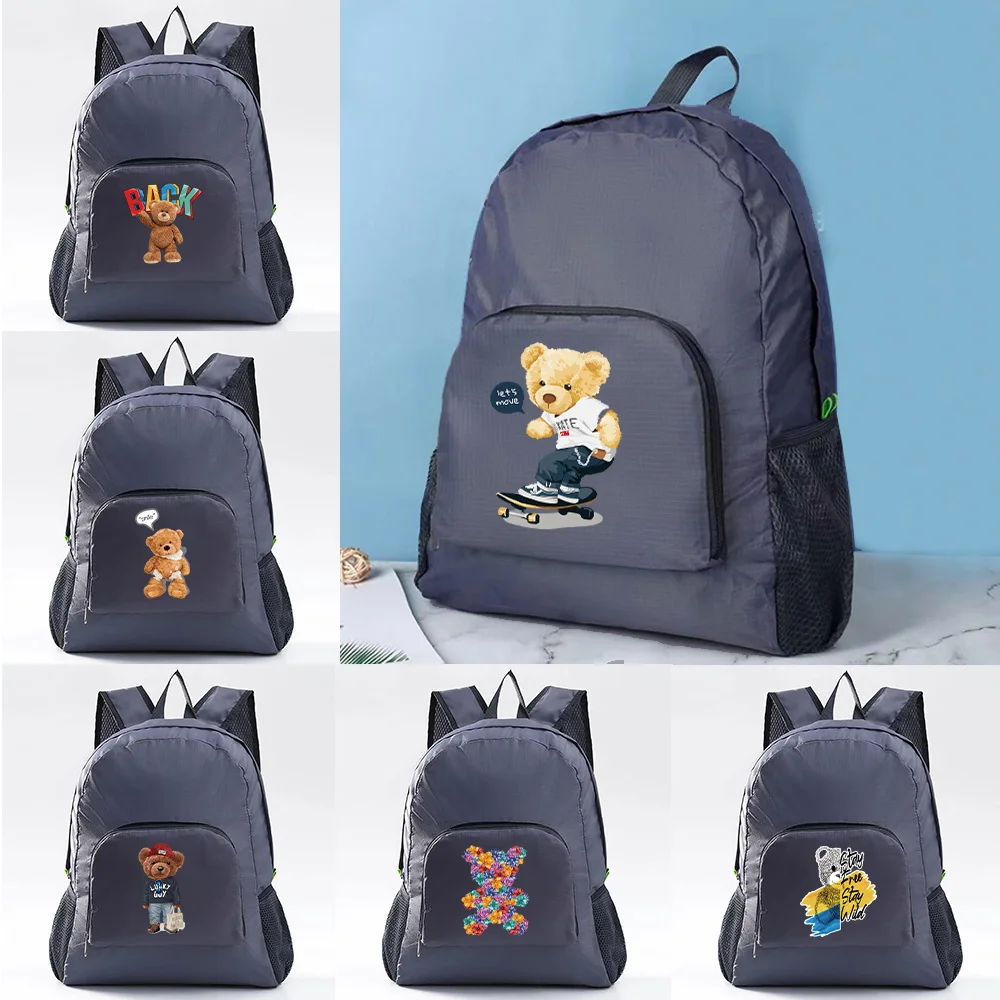 

Folding Backpack Outdoor Ultra Light Portable Riding Skin Bag Bear Letter Print Mountaineering Travel Backpack Student Daypack