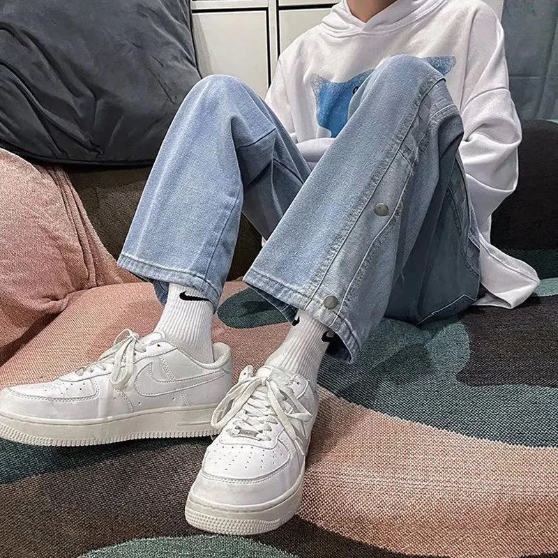 Men's Retro Harajuku Chessboard Print Patchwork High Street Loose Straight Wide Leg Denim Trousers Male Casual Baggy Jeans Pants