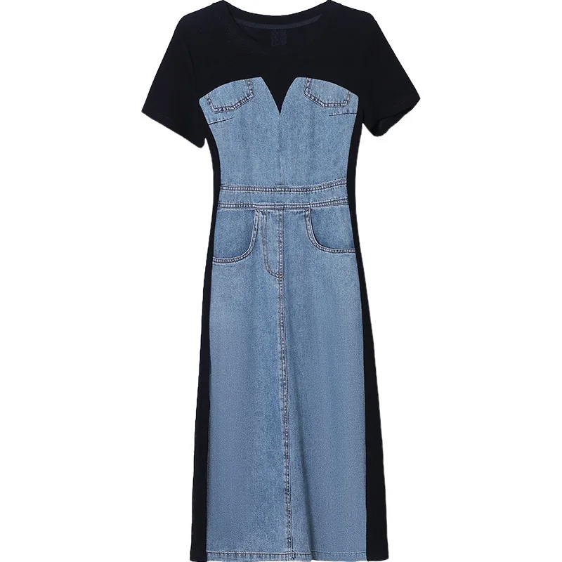 

2023 Summer New Women's Slimming Fit Stretch Denim Dress Thin Temperament A Line Splice One Piece Dresses Oversize Black Blue