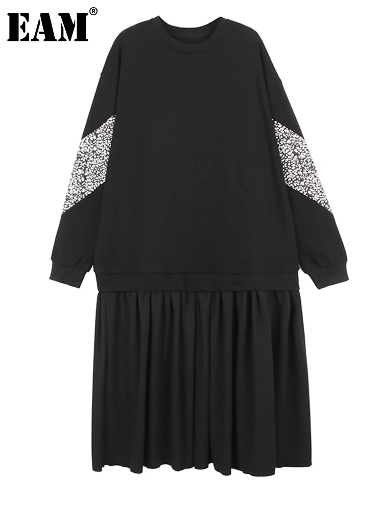 

[EAM] Women Leopard Printed Hem Pleated Big Size Long Dress New Round Neck Long Sleeve Fashion Tide Spring Autumn 2022 1DF2366