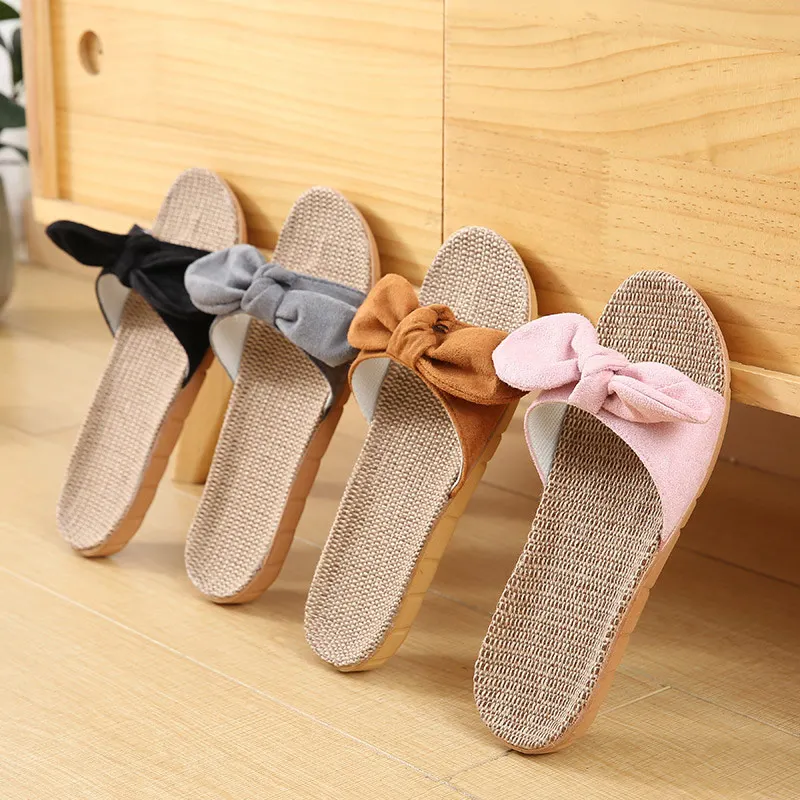 

Women Slippers Fashion Butterfly Knot Flat Heels Slide Cane Weave Female Sandal Slip-on Casual Indoor 2022 Summer Ladies Shoes