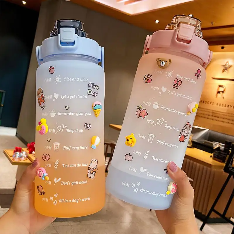 

2000ML Gradient Water Bottle Scale Plastic Cup With Sticker Large Capacity Handle Scrub Water Bottle Bicycle Sports Straw Cup