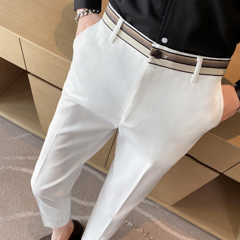 

2022 British Men High Waist Casual Dress Pant Men Belt Design Slim Trousers Formal Office Social Wedding Party Dress Suit Pants