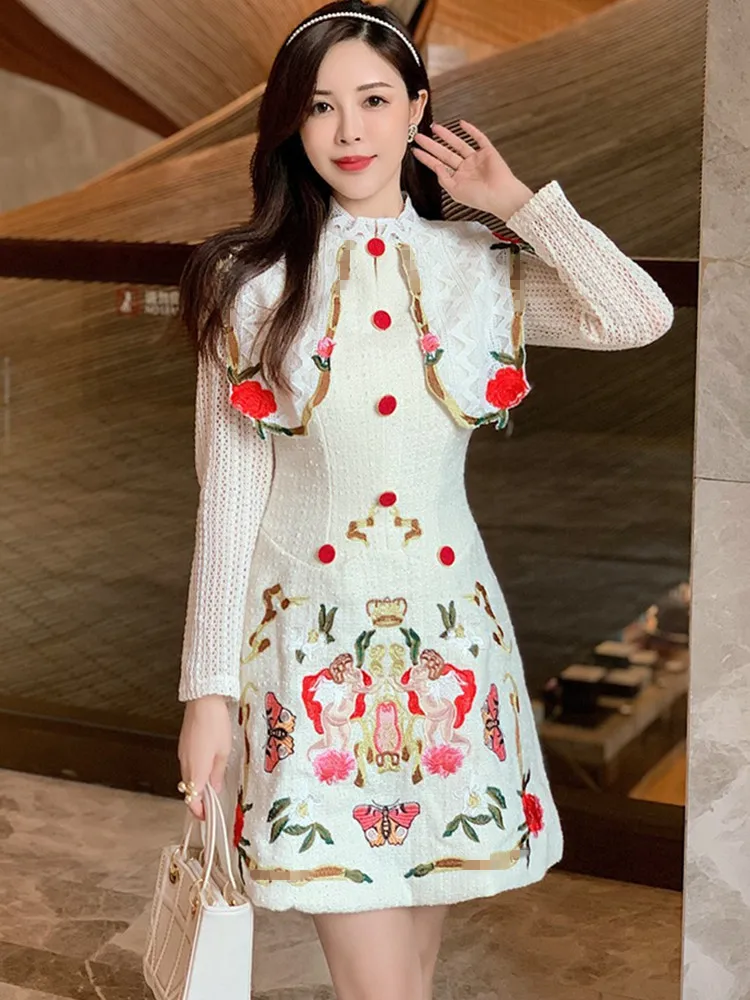 

Высококачественное кружевное лоскутное платье с вышитыми цветами для женщин, винтажное платье с длинным рукавом, элегантные твидовые платья для женщин