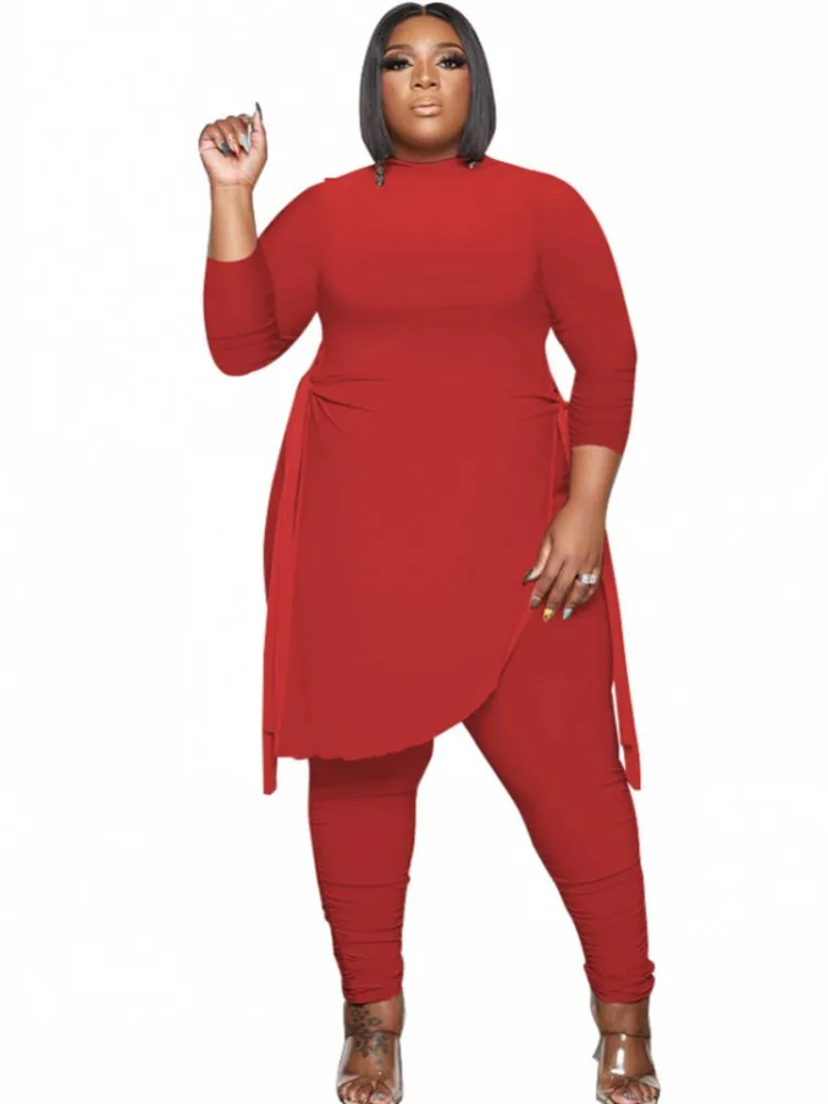 

5XL Plus Size Sets Women Clothes 2 Piece Set Solid Long Tops And Pant Suits 2022 Fashion Lace Up Draped Causal Big Size Outfits