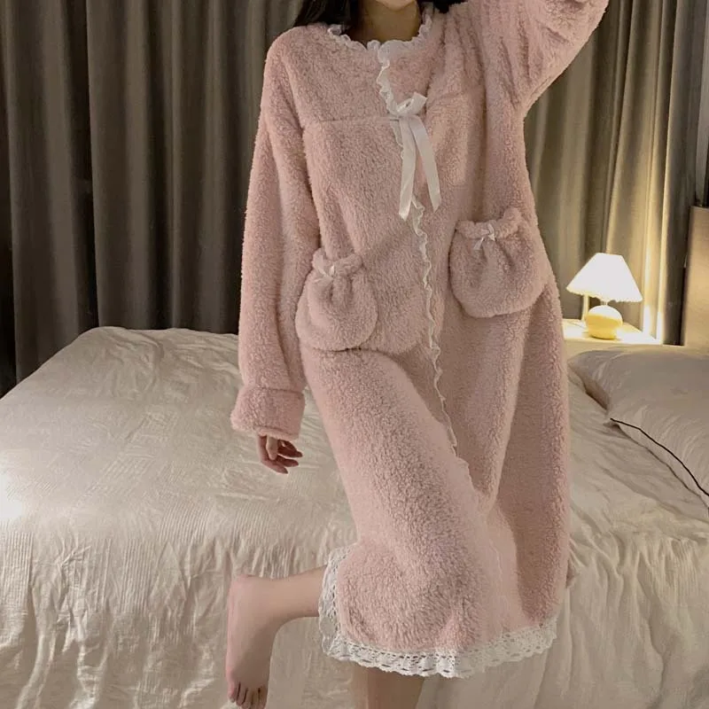 Fleece Long Sleeve Warm Autumn Long Dressing Gown Sleepdress Winter Thicken Nightdress Home Dress Nightgown Women Flannel Coral