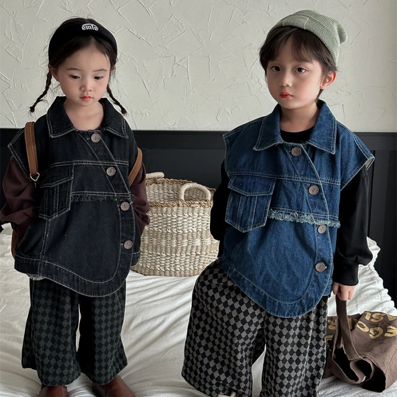 

Korean Fashion Kids Baby Denim Vests 2023 Autumn Spring Children's Sleeveless Jacket Toddler Boys Girls Casual Wasitcoat Tops